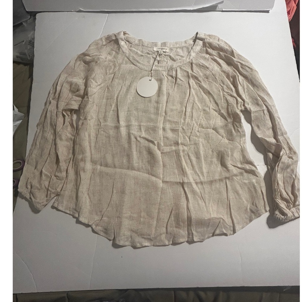 Umgee USA Womens 1XL Oatmeal Beige Linen Blend Long Sleeve Boho Blouse New